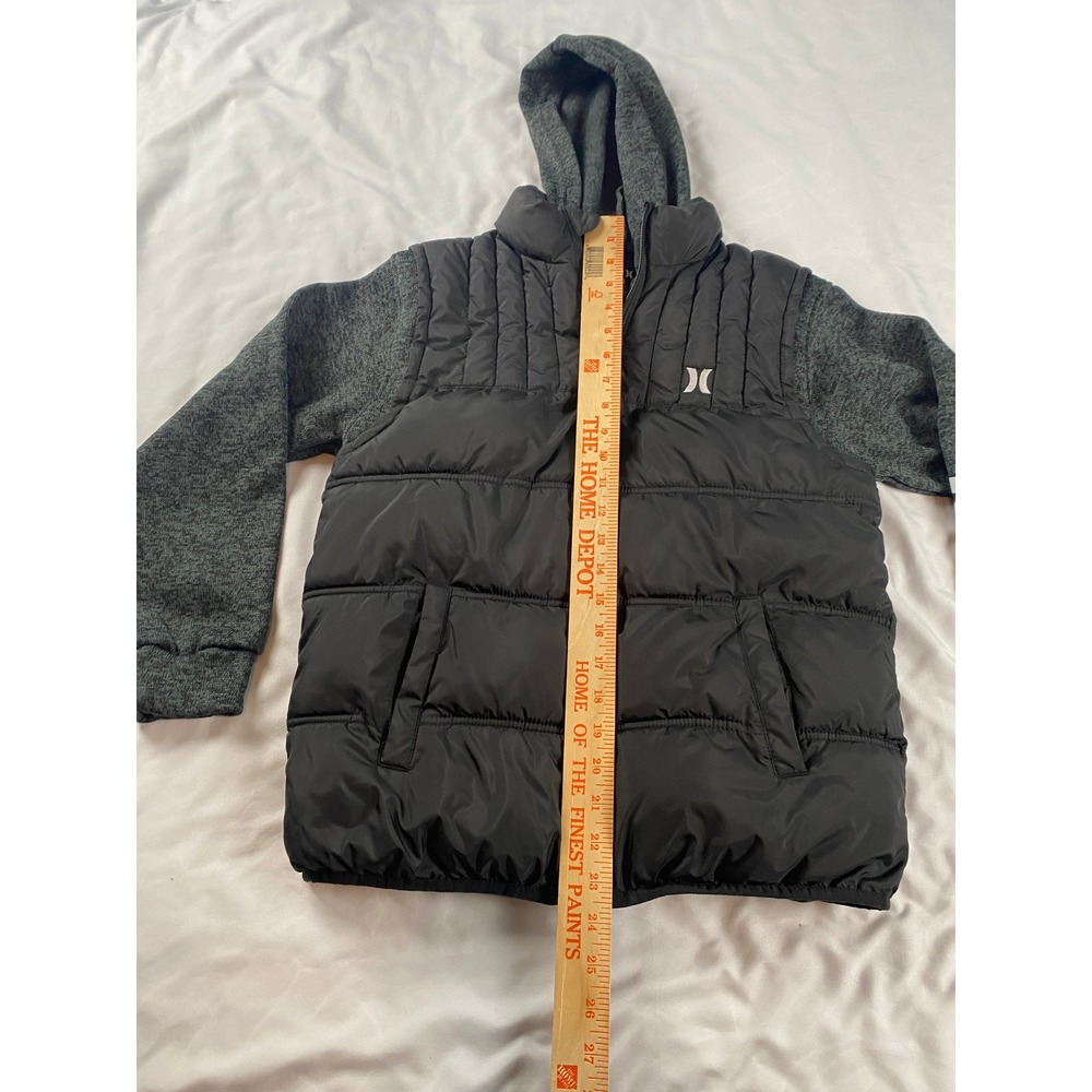 Hurley Hybrid Puffer Jacket Boys Large 12-13 Black Gray Excellent Hooded Zip - Picture 6 of 13